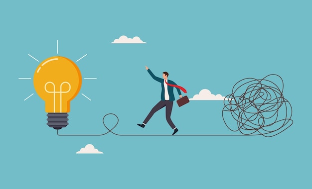 Businessman walking wire light bulb tangled mess Simplify idea to find solution
