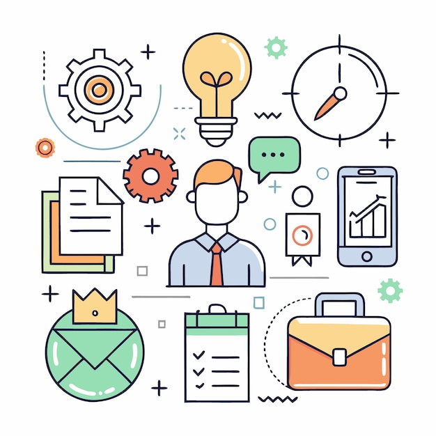 Businessman with business icons gear lightbulb clock documents briefcase smartphone checklist