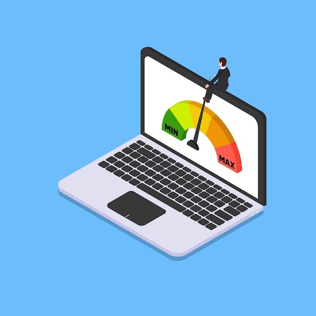 Businessman with internet speed meter on laptop screen