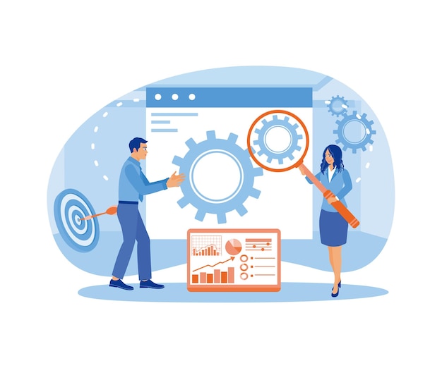 Businessmen and colleagues are discussing marketing and SEO strategies Analyze marketing charts Business marketing concept Flat vector illustration
