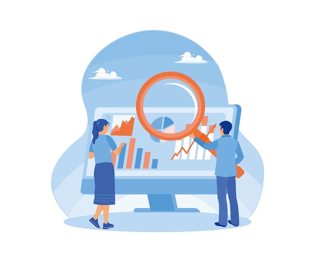 Businessmen and women are analyzing statistical data Monitor business financial investments Data analyst concept Flat vector illustration