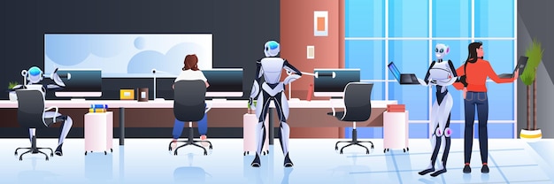 Businesspeople and robots working together in creative open space artificial intelligence teamwork concept