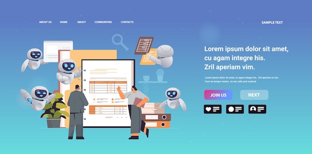 businesspeople with robots analyzing corporate data planning report accounting business presentation report concept horizontal full length copy space vector illustration