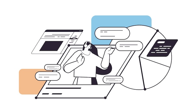 Businesswoman in headset answering messages and calls analyzing statistics diagram technical support concept