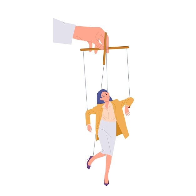 Businesswoman politician marionette cartoon character trapped in hand of dictator isolated on white background Unhappy executive manager suffering from authority of manipulator vector illustration