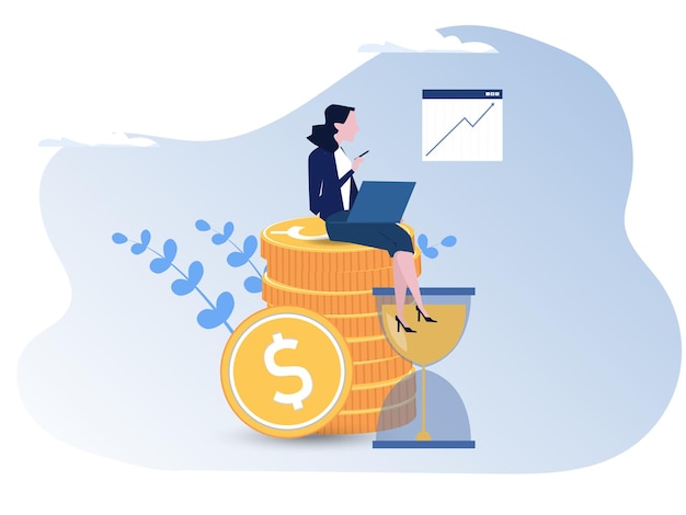 Businesswomen invest money Woman managing financial chart Concept of ROI return on investment financial solutions Vector illustration