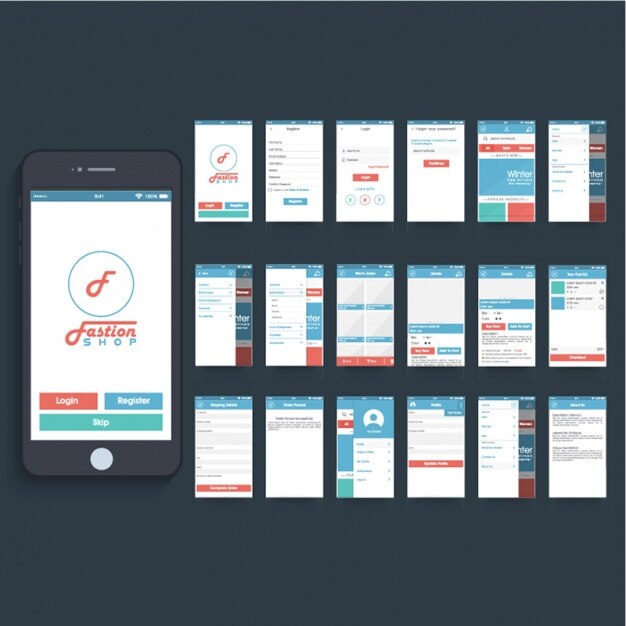 Butiksapp med røde og blå elementer
