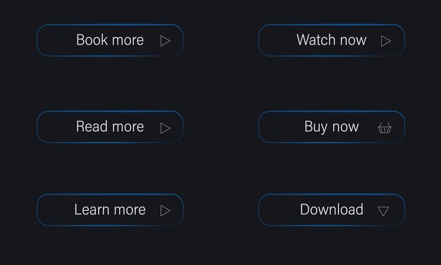Button set. Read more, learn more, buy now, download, watch now, book more. Ui interface.
