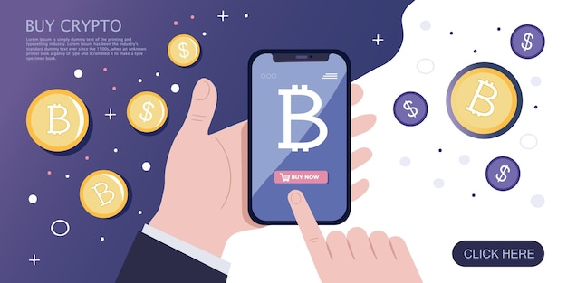 Buy bitcoin app Online crypto payment banner Smartphone with bitcoin symbol and button Buy now