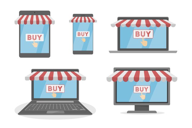 Buy button on the screen of different devices. Set of gadgets with online shop with red button. Isolated flat vector illustration