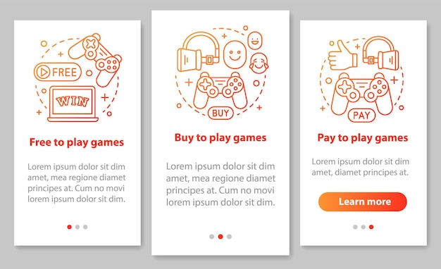 Buying apps and games onboarding mobile page screen with linear concepts Free pay to play walkthrough steps graphic instructions Digital entertainment UX UI GUI vector template with illustrations