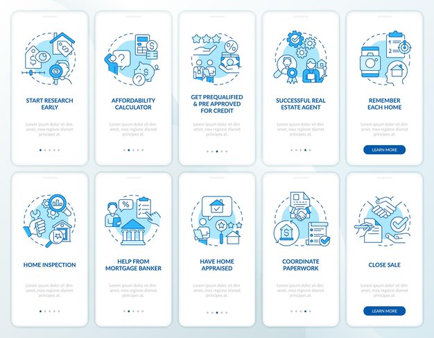 Buying house blue onboarding mobile app screen set