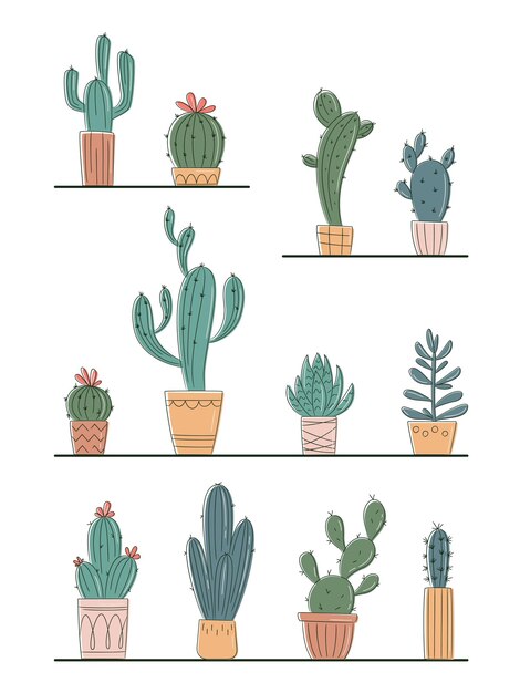 Cactus and succulents vector set Cactus in a pot logo icon Template for decorating designs