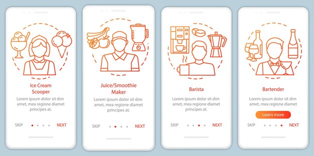 cafe fast food industry parttime job orange onboarding mobile app page screen vector template