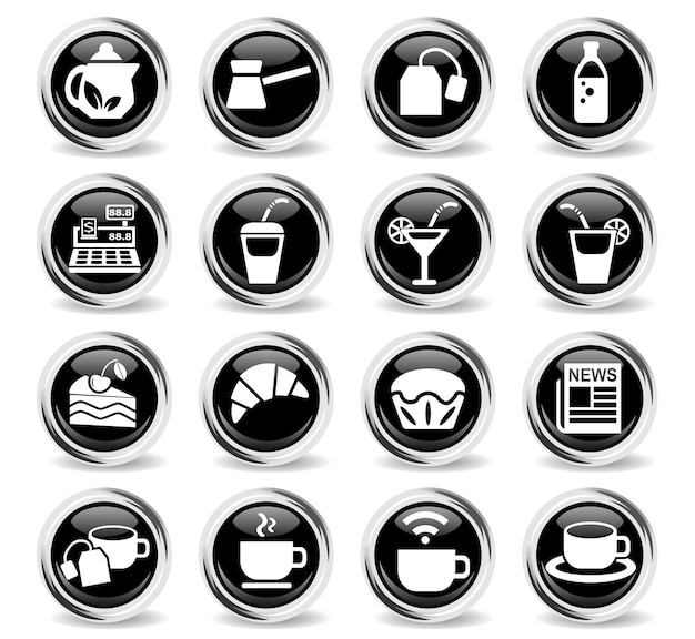 Cafe icons on round black buttons with metal ring