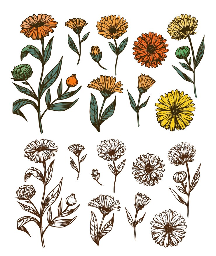 Vektör calendula plants set hand drawn herbal plants herbal tea design sketch vector illustration