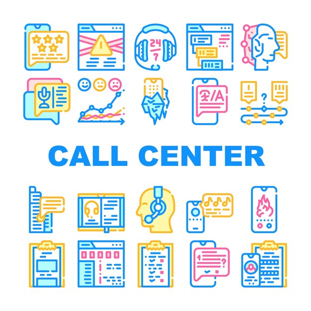 Call Center Service Collection Icons Set Vector Call Center Operator And Chat Communication With Client And Support Solve Problem And Help Concept Linear Pictograms Contour Color Illustrations