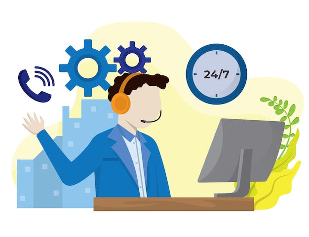 Call center talking on desktop illustration customer service icon flat style isolated on white background