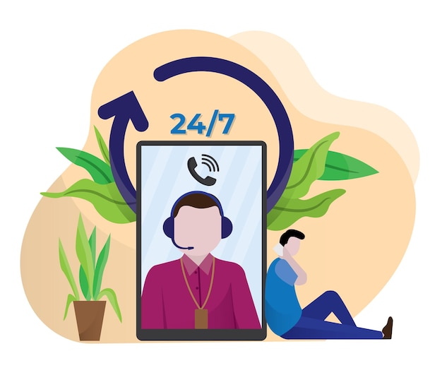 Call center talking on desktop illustration customer service icon flat style isolated on white background