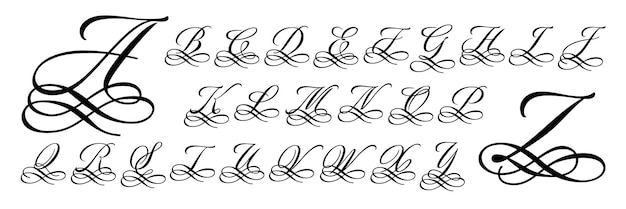 Calligraphy capital letter monogram Filigree alphabet letters vintage handwritten font with swashes ornaments vector set