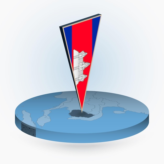 Cambodia map in round isometric style with triangular 3D flag of Cambodia