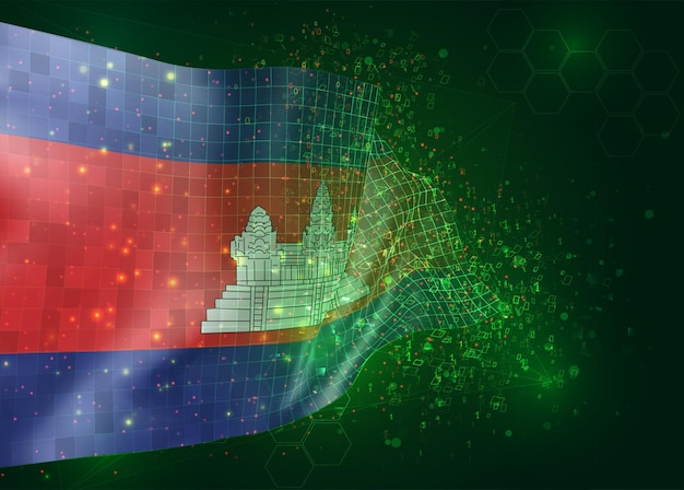 cambodia, on vector 3d flag on green background with polygons and data numbers