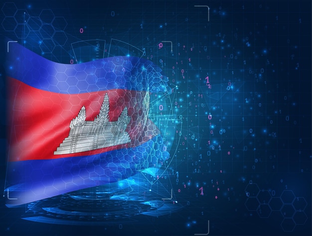 Cambodia, vector 3d flag on blue background with hud interfaces