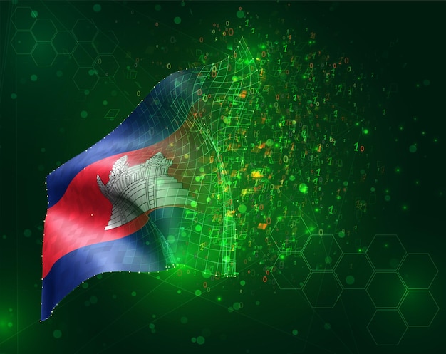Cambodja, vektor 3d-flag på grøn baggrund med polygoner og datatal