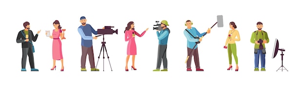 Cameraman journalist and reporter set TV news crew interviewing television programs recording