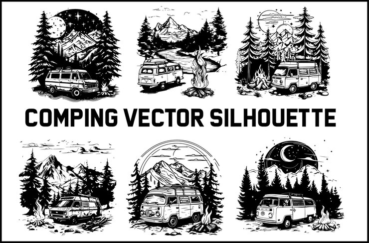 Vektör camping bundle silhouette outdoor gear camping equipment hiking gear nature adventure travel