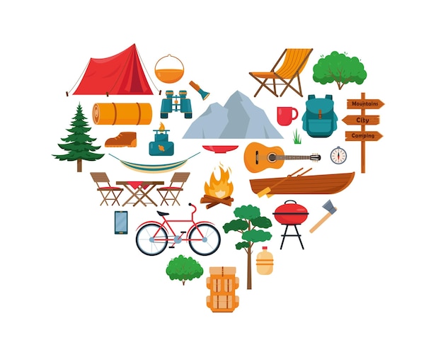 camping equipment set in heart shape big collection of camping and hiking tools