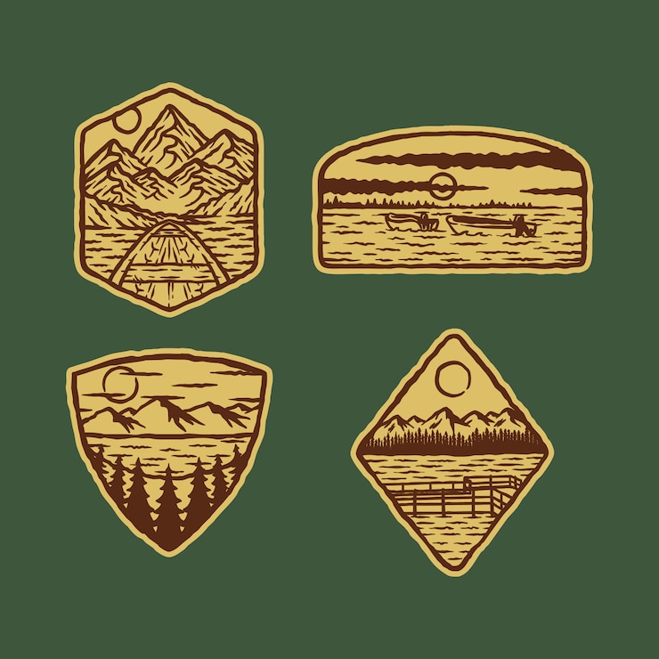 Vektor camping sø natur vildt badge patch pin grafisk illustration