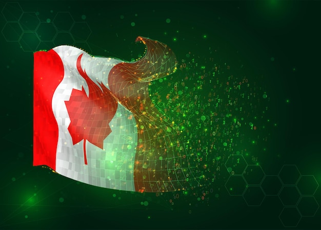 Canada on vector 3d flag on green background with polygons and data numbers