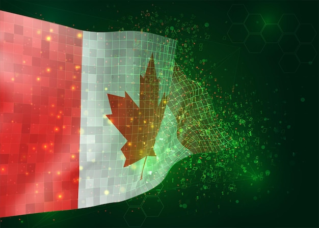 Canada, on vector 3d flag on green background with polygons and data numbers