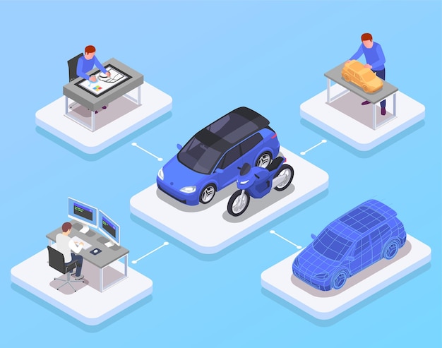 Car designer profession isometric concept with 3d model symbols illustration