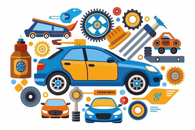 Car Repair and Maintenance Service with Various Parts and Tools