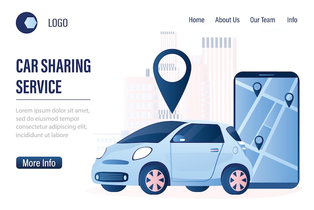 car sharing service landing page with vehicle for short time modern car and smartphone with app