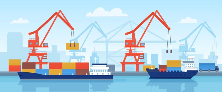 Vektor cargo ship in port. delivery maritime transport with containers loading in harbour with crane. flat logistic or import by sea vector concept. industrial port with crane and delivery transportation