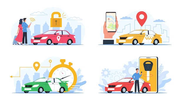 carsharing service cars rental and exchange smartphone applications city taxi tag people use mobile search transport app gps navigation and reliable car order vector concept set