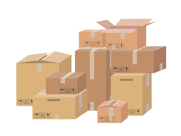 Carton delivery packaging open and closed box with fragile signs.