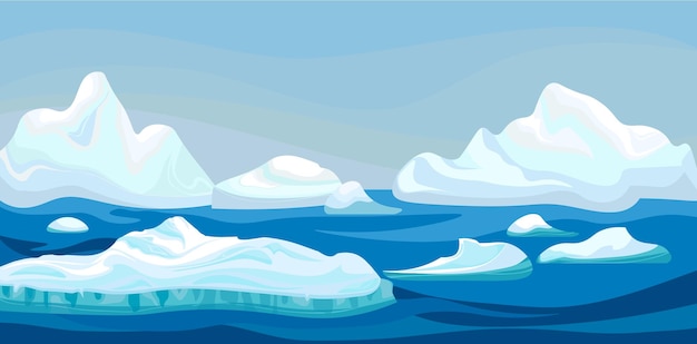 Cartoon arctic iceberg with blue sea, winter landscape.