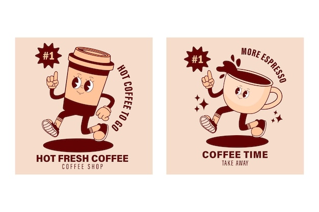 Cartoon bar and cafe drinks Abstract funny espresso sticker poster with 70s cappuccino cup