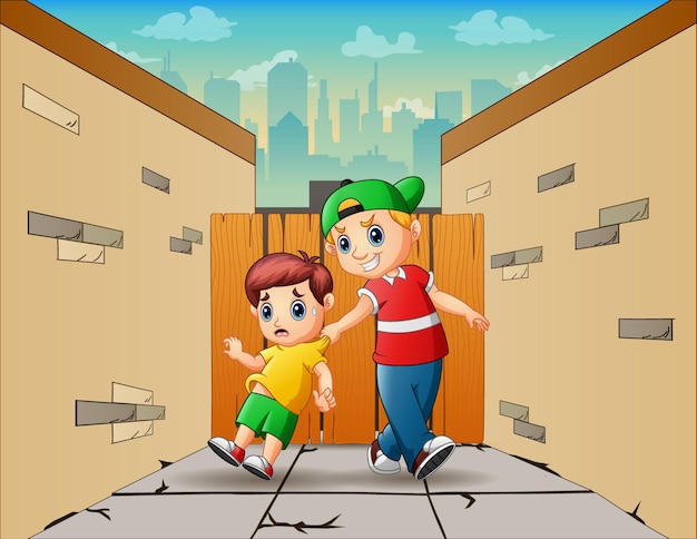 Cartoon boy bullying his younger friend
