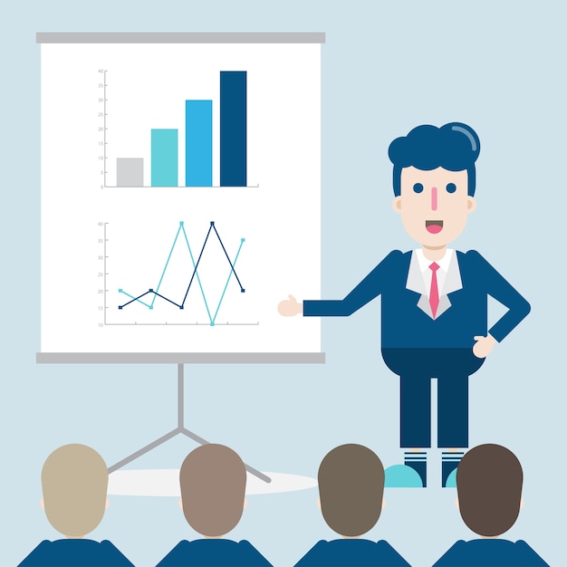 Cartoon businessman flat presentation on paperboard to audience.