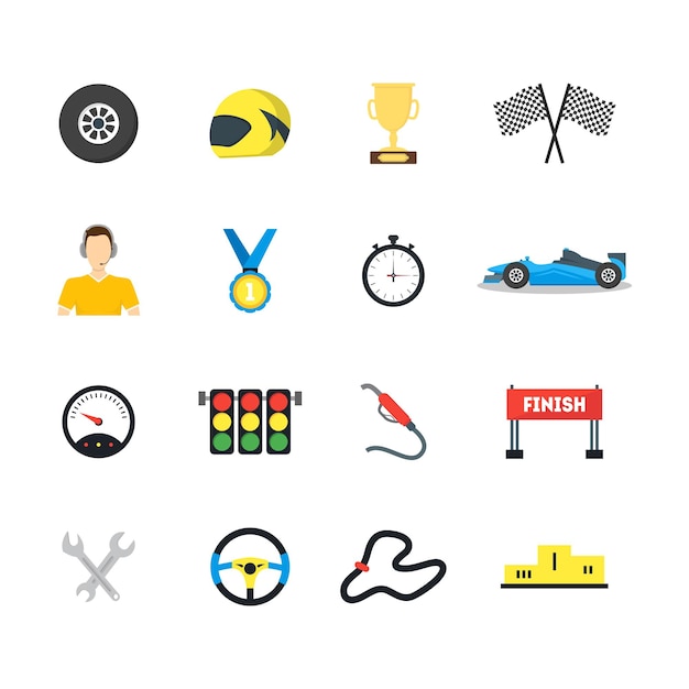 Cartoon Car Racing Symbol Color Icons Set Flat Style Design Element Sport Championship . Vector illustration