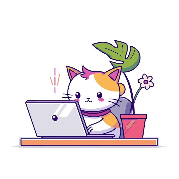 Cartoon cat using laptop plant flower pot present Orange white feline works computer purple