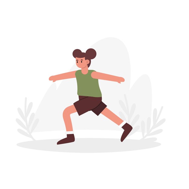 Cartoon character of young woman in sportswear doing morning workout alone