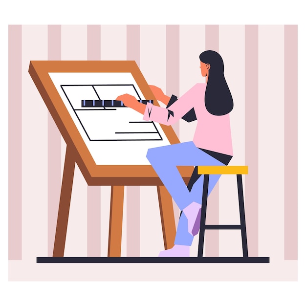 Cartoon character sitting near board with project and take measurements draw plan of building