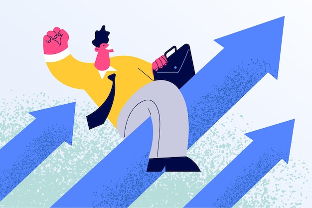 cartoon character sitting on arrow up moving up ladder achieving goals
