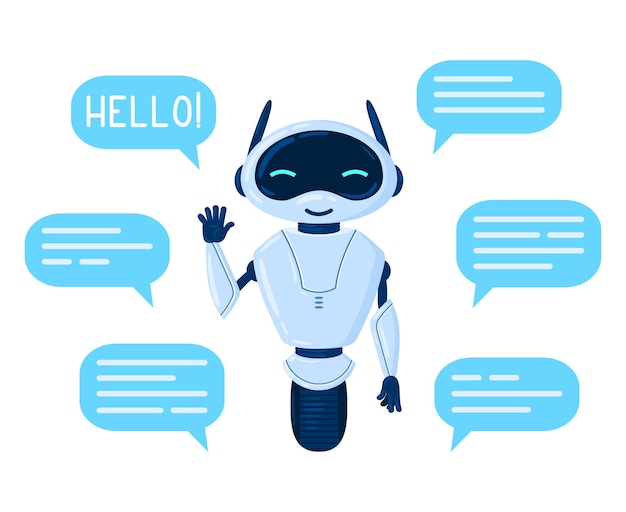 cartoon chat bot character cute online assistant friendly personal assistant smiling chatbot with speech bubbles vector illustration chatbot customer service digital smart technology